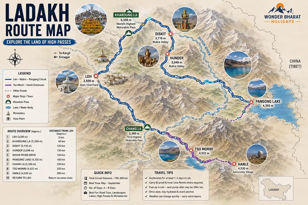 Ladakh route map showing Leh, Nubra Valley, Pangong Lake, Hanle and Tso Moriri